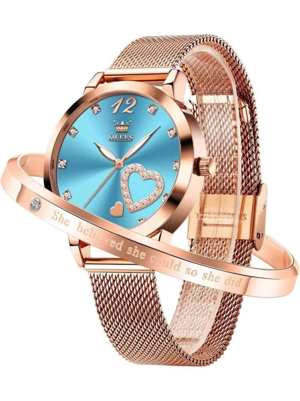 Women's Blue Mesh Strap Fashion Dress Hearts Quartz Bracelet Sets Ladies Watch